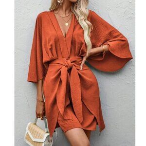 V neck 3/4 Kimono Sleeve Stretchy Tie Waist Dress